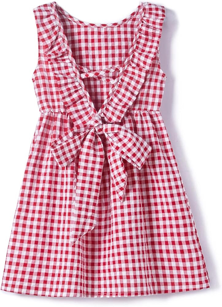 Rysly Toddler Baby Girls Cotton Linen Plaid Dress with Ruffle Back Straps and Bow Kids Casual Dre... | Amazon (US)