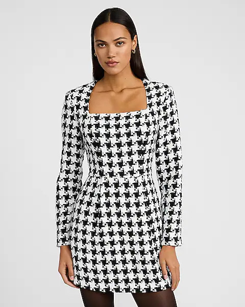 Houndstooth Square Neck Long Sleeve Mini Dress with Pockets | Express