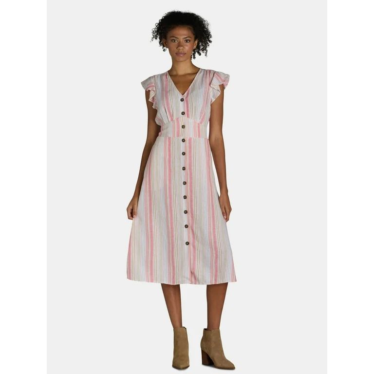 Time and Tru Women's and Women's Plus Midi Dress with Flutter Sleeves, Sizes XS-4X - Walmart.com | Walmart (US)