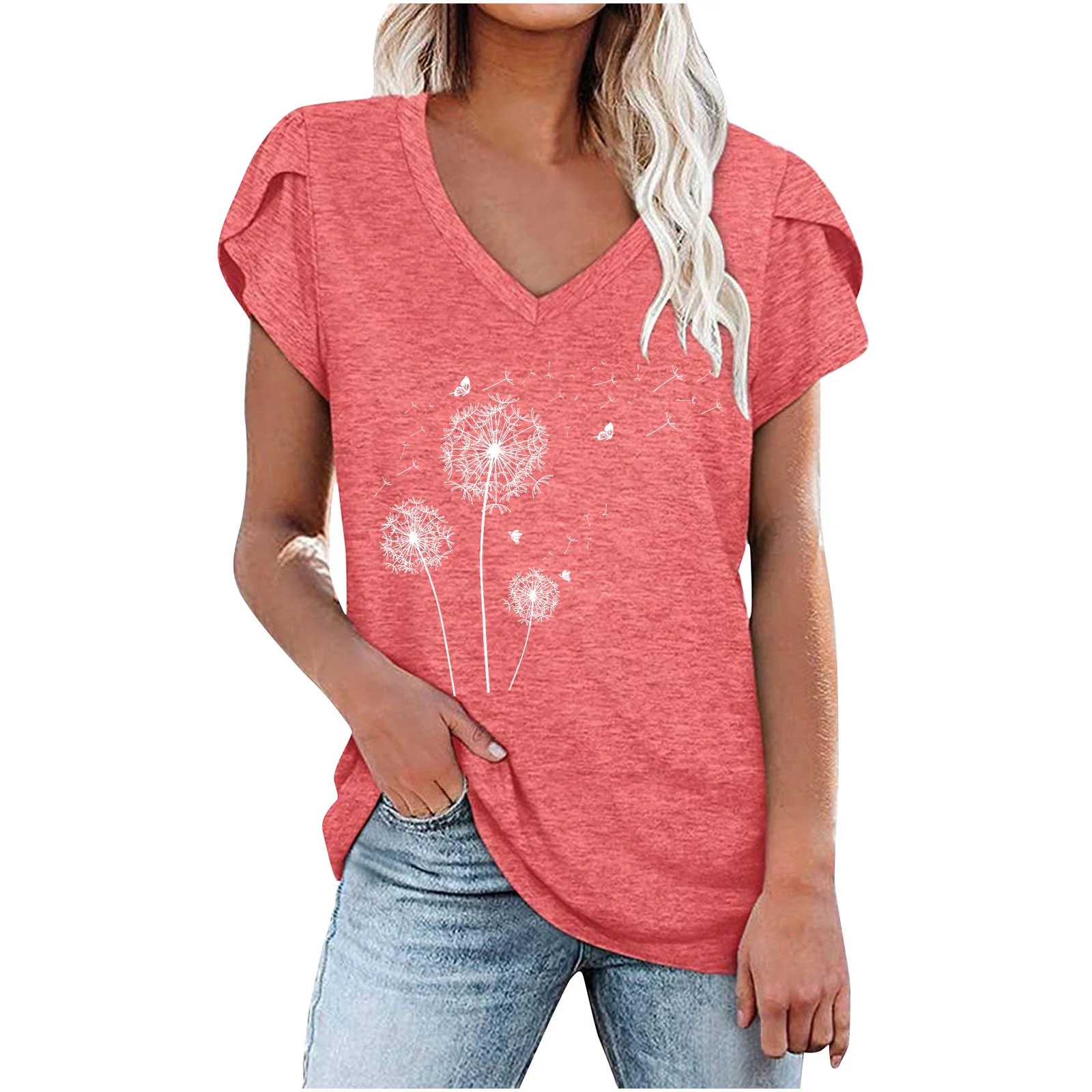 Womens Summer Casual T-Shirts V Neck Petal Short Sleeve Tops Loose Comfy Office Blouse Lightweigh... | Walmart (US)
