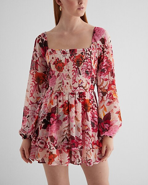 Floral Square Neck Long Sleeve Smocked Romper | Express