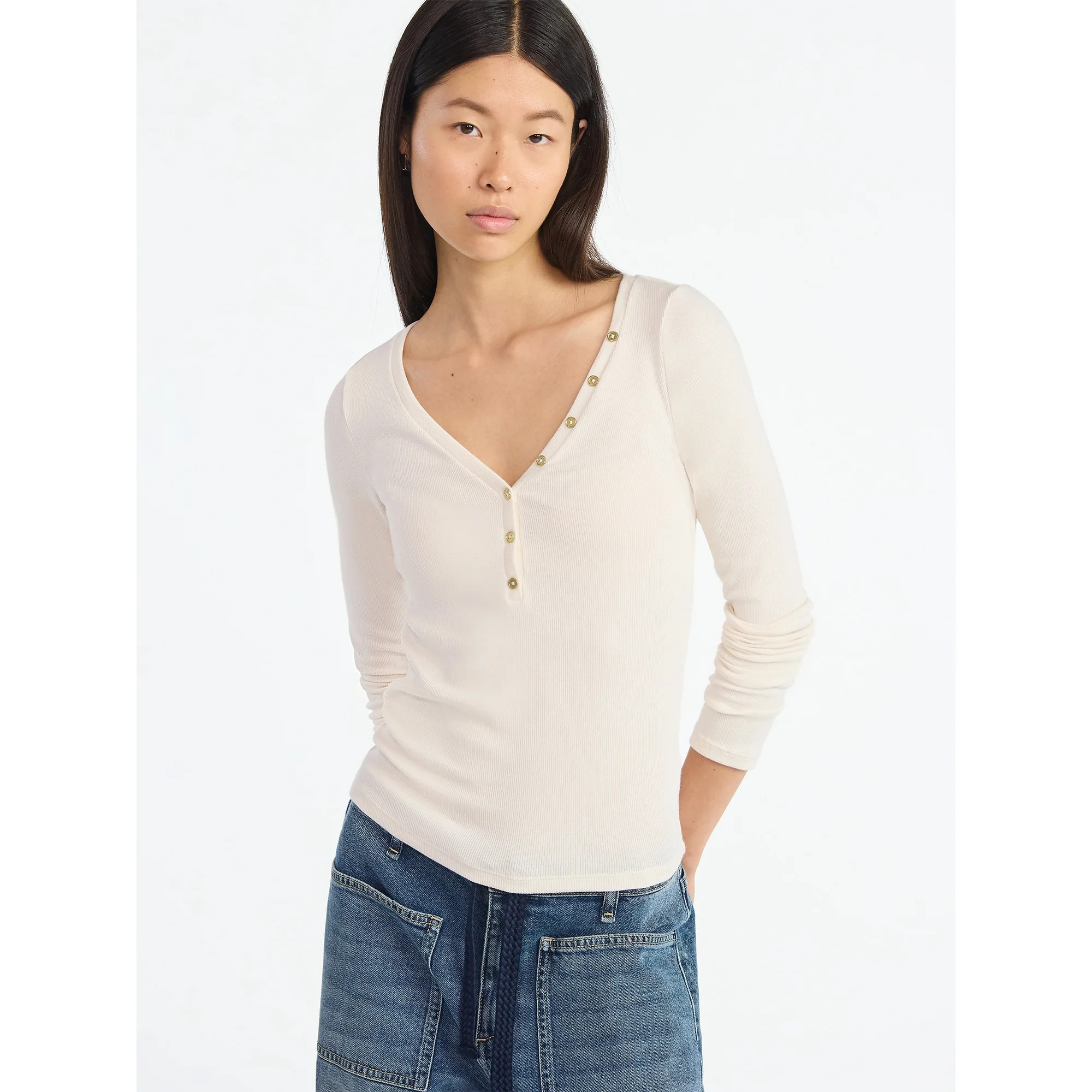 Scoop Women’s Ribbed V Neck Henley Top with Long Sleeves, Sizes XS-XXL | Walmart (US)