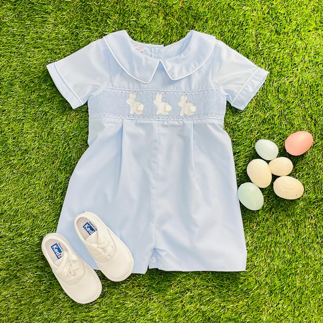 Easter Bunny Smocked Shortall in Blue - Baby Boy, Heirloom, Rabbit, Baby gift, Easter Outfit 497 ... | Etsy (US)