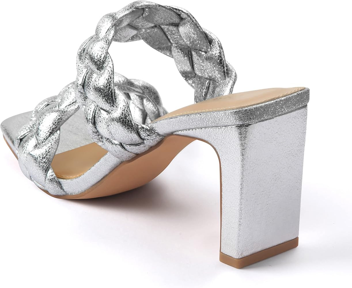 Womens Braided Heels Square Open Toe Two Strappy Woven Mule Block Comfortable Heeled Sandals | Amazon (US)