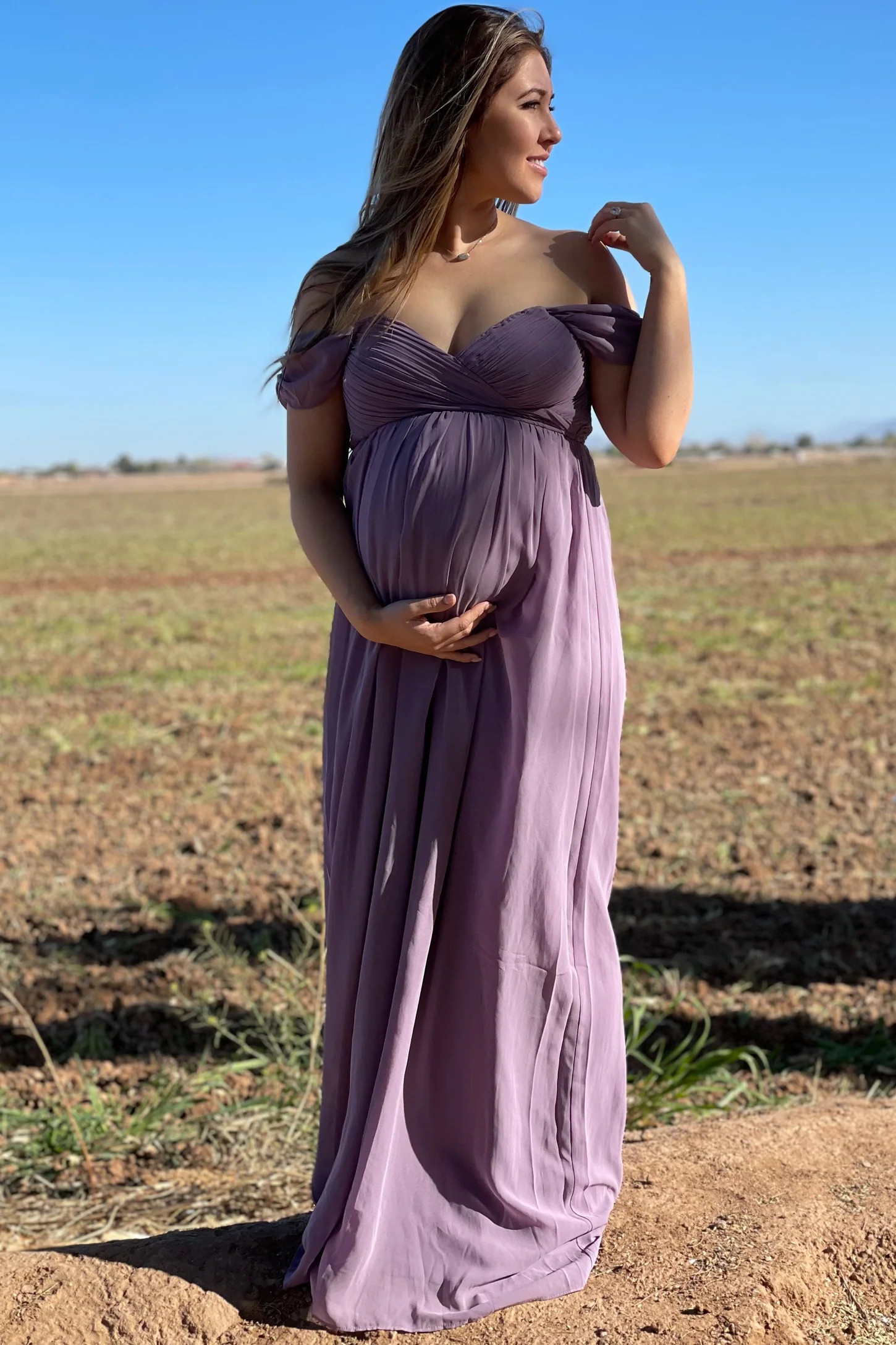 PinkBlush Lavender Off Shoulder Chiffon Maxi Maternity Dress | PinkBlush Maternity