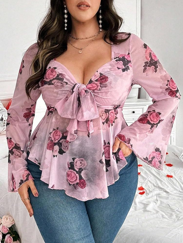 Amazon.com: Plus Size Floral Print Tie Front Mesh Top, Elegant Flared Sleeve Peplum Blouse (Peach... | Amazon (US)