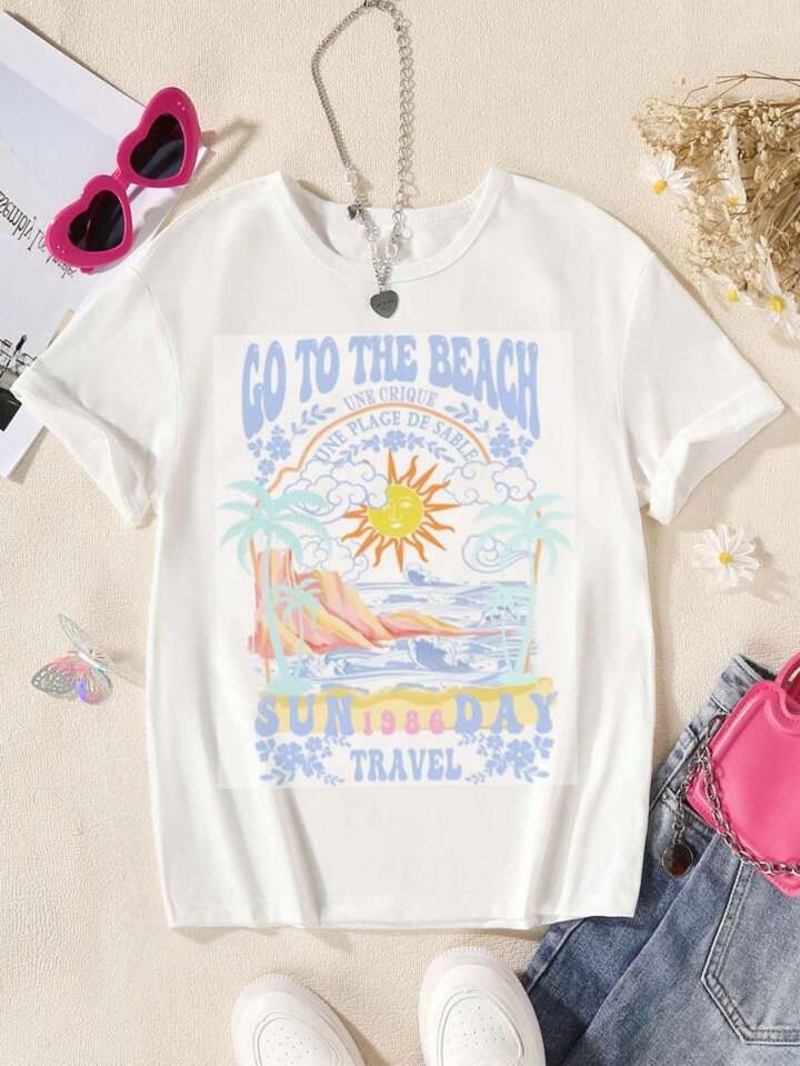 Tween Girl Loose And Casual Summer T-Shirt With Drop Shoulder Featuring Sun And Slogan Print | SHEIN