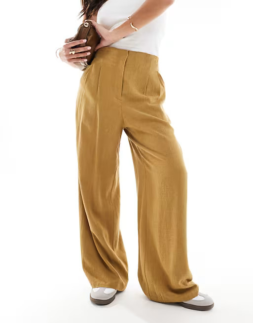 ASOS DESIGN Petite high waist seam detail pants with linen in olive | ASOS | ASOS (Global)