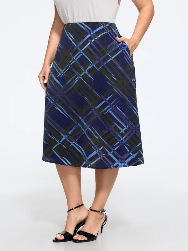 Brush Print Plaid Pocket Midi Skirt | Bloomchic