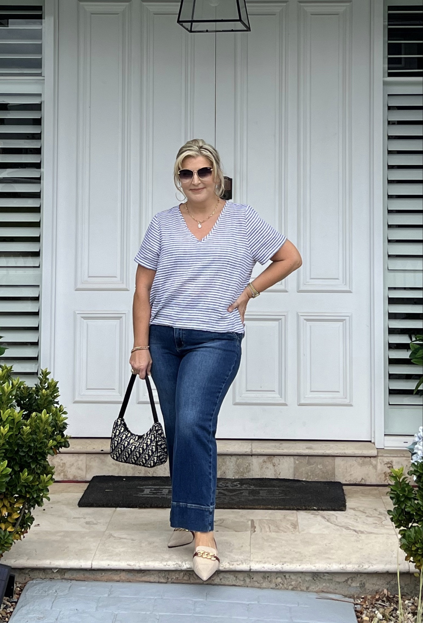 6/1/24
⭐️5 Step Outfit Styling⭐️


1. Bottom - Start your outfit with cropped flare blue jeans.
⭐️ Wanda Denim Pant
Colour: Blue
Size: 16 
@zjoosh
* please visit their website directly as there is no link available here.


2. Top - Add v neck linen shirt 
⭐️ Linen Lounge Stripe V-Neck Lounge Top
Colour: India Ink
Size: XL
@sussan
Please visit their website directly as there’s no link available here. 
*This is one of my latest purchases from Sussan.  It’s 100% linen, the fabric is divine. It’s got a beautiful V-neck and I love the stripe. 
It is a little boxy and it’s hard to front tuck because it doesn’t have a side split. So I’ve used my elastic styling belt to make it shorter to define my waist make my legs look longer.
If you haven’t got a styling belt, get one! The best investment you’ll make in your wardrobe is to have tools on hand that you need to style your clothes… to make them perfect for YOUR body shape 🥰👍.


3. Styling Tools - Add an Elastic belt to style the shirt by making it shorter, while still giving me some tummy coverage. This belt is highly elasticated and fully adjustable. You can wear it around the waist, around the hips…. in any place that you like, and you just tuck your shirt in underneath it and it will sit there all day (comment below if you would like the link to my instructional video about this belt). 



4. Shoes - Slip on a pair of pointed toes flats. 
⭐️ Linen Chain Decor Slingback 
Colour: Beige / Brown 
Size: 39 
@shein_au



5. Accessories to complete the look (this is an important step in bringing the look together)
⭐️ Large hoop earrings & large stone dress ring @shein_au 
⭐️ Bracelet & Watch my
Own
⭐️Navy with Beige accents - Handbag - my own 



My measurements:
Bust = 110cm / 43inches 14F
Underbust = 92cm / 36.2 inches
Waist = 99cm / 39 Inches
Upper Thighs = 72cm / 28.3 inches
Hips = 120cm / 47 inches 
Height = 169cm / 5.6’

Please note - none of the garments shown in this post were gifted by the brands mentioned. I do however earn commission from affiliate links which go towards purchasing the clothing I feature for my followers. 

#LTKstyletip #LTKplussize #LTKaustralia