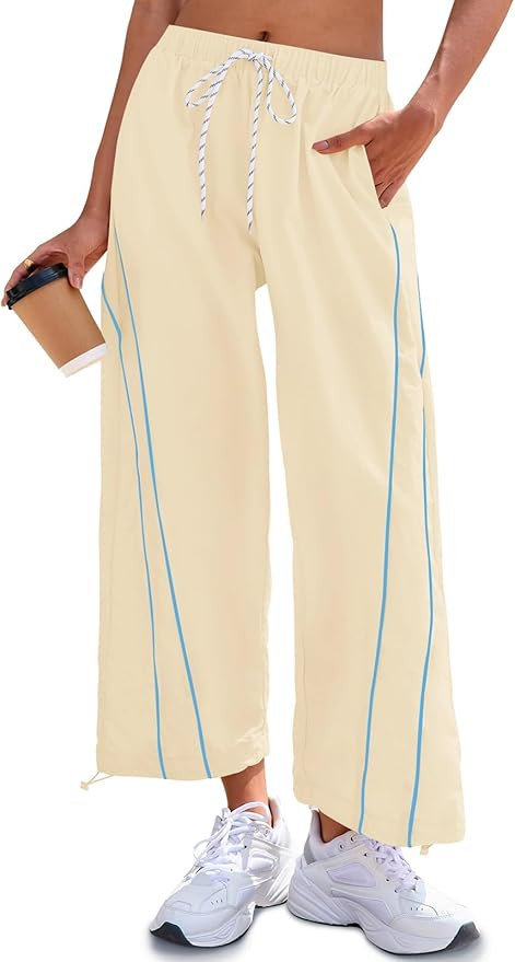 Fisoew Womens Baggy Wide Leg Pants Casual Elastic Waist Drawstring Hiking Workout Cropped Pants w... | Amazon (US)