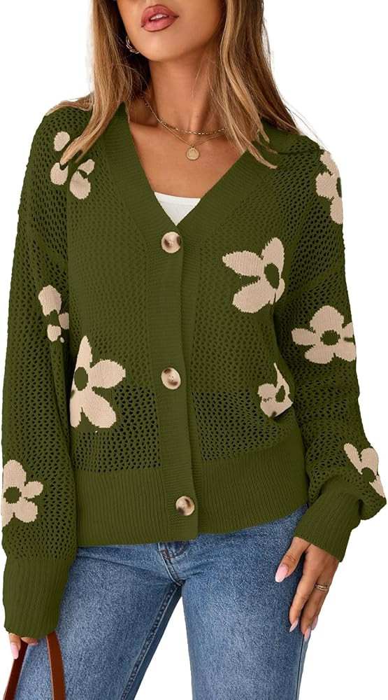 Sidefeel Cardigan for Women Crochet Knit Button See Through Lightweight Long Sleeve Sweater Tops | Amazon (US)