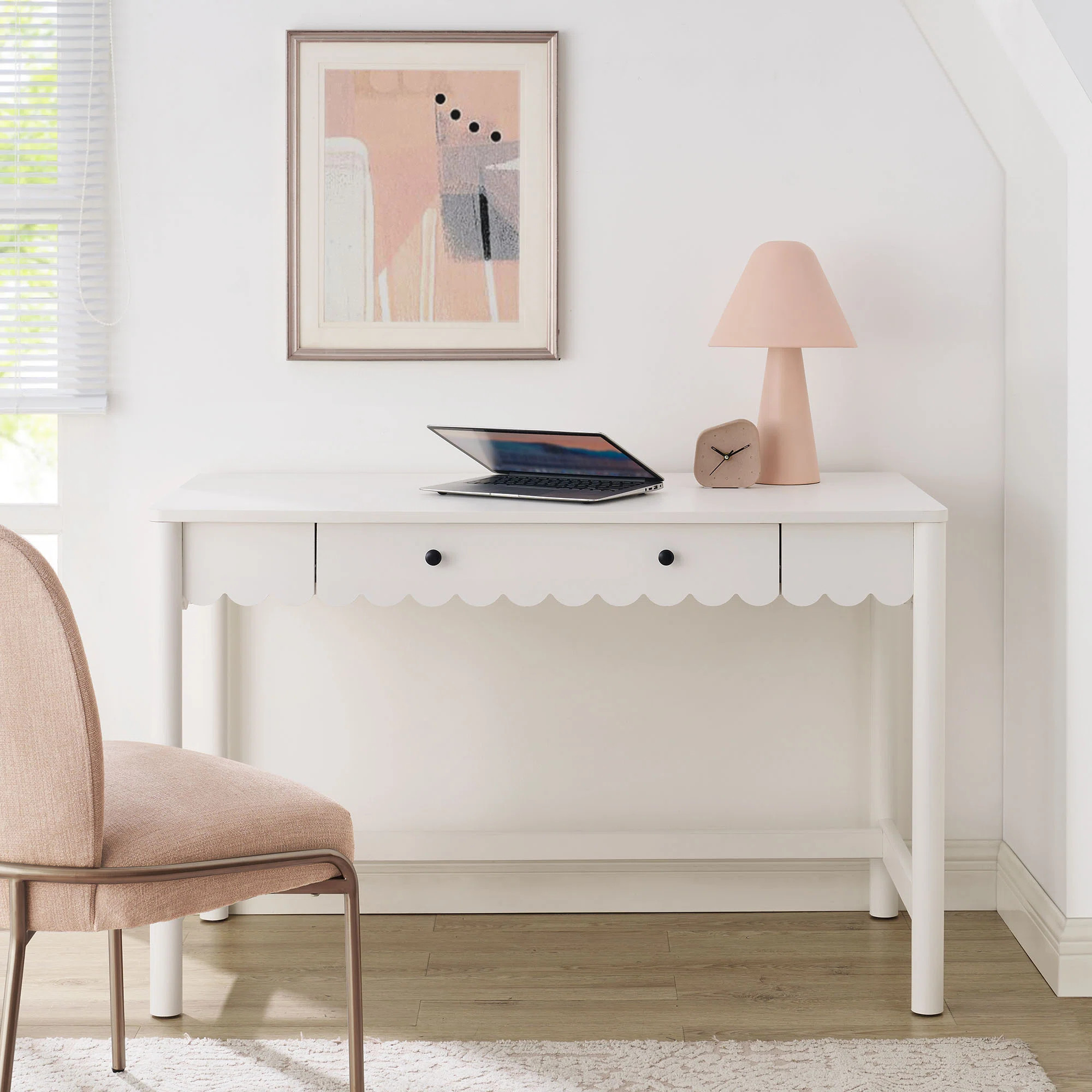 Emmeline 1-Drawer Scallop Writing Desk In White | Wayfair North America