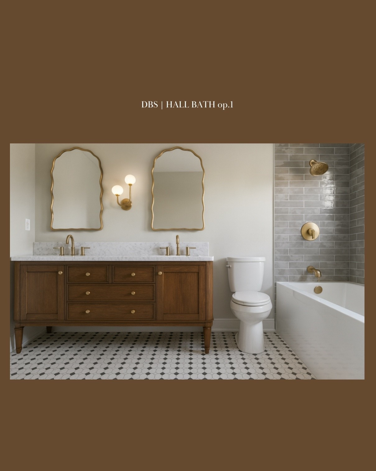 Harmony hall bath 🤎 

Timeless hall bath design, walnut wood tones, brass hardware 

#LTKHome