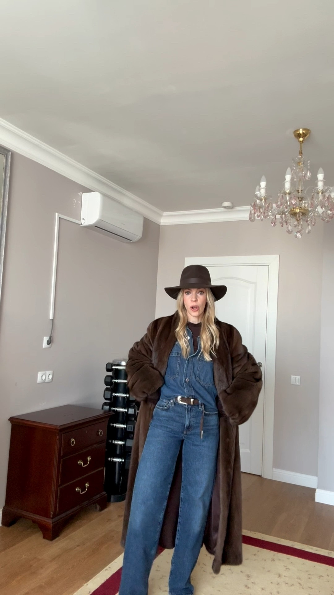 Winter western outfit, denim on denim, chocolate brown fur coat, denim shirt, @Janessa Leone brown wool hat, @Shopbop dark wash jeans, all denim outfit

#LTKootd #LTKSeasonal #LTKOver40
