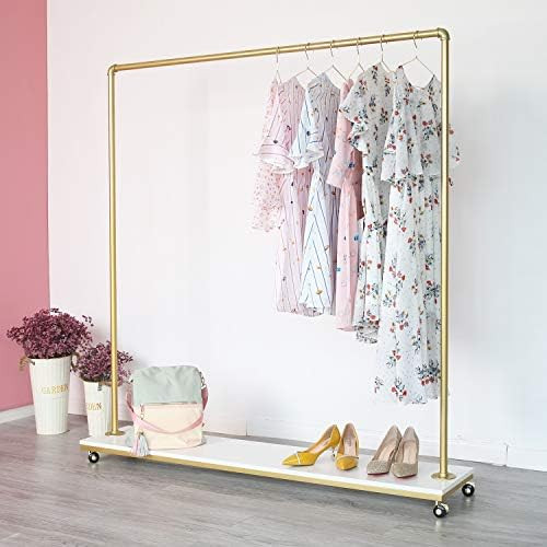 Amazon.com: Gold Metal Clothing Rack with Wood Shelf, Heavy Duty Rolling Garment Rack with Wheels... | Amazon (US)