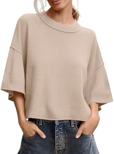 Saodimallsu Womens Short Sleeve Sweater Summer Oversized Cropped Sweaters Casual Crewneck Lightwe... | Amazon (US)
