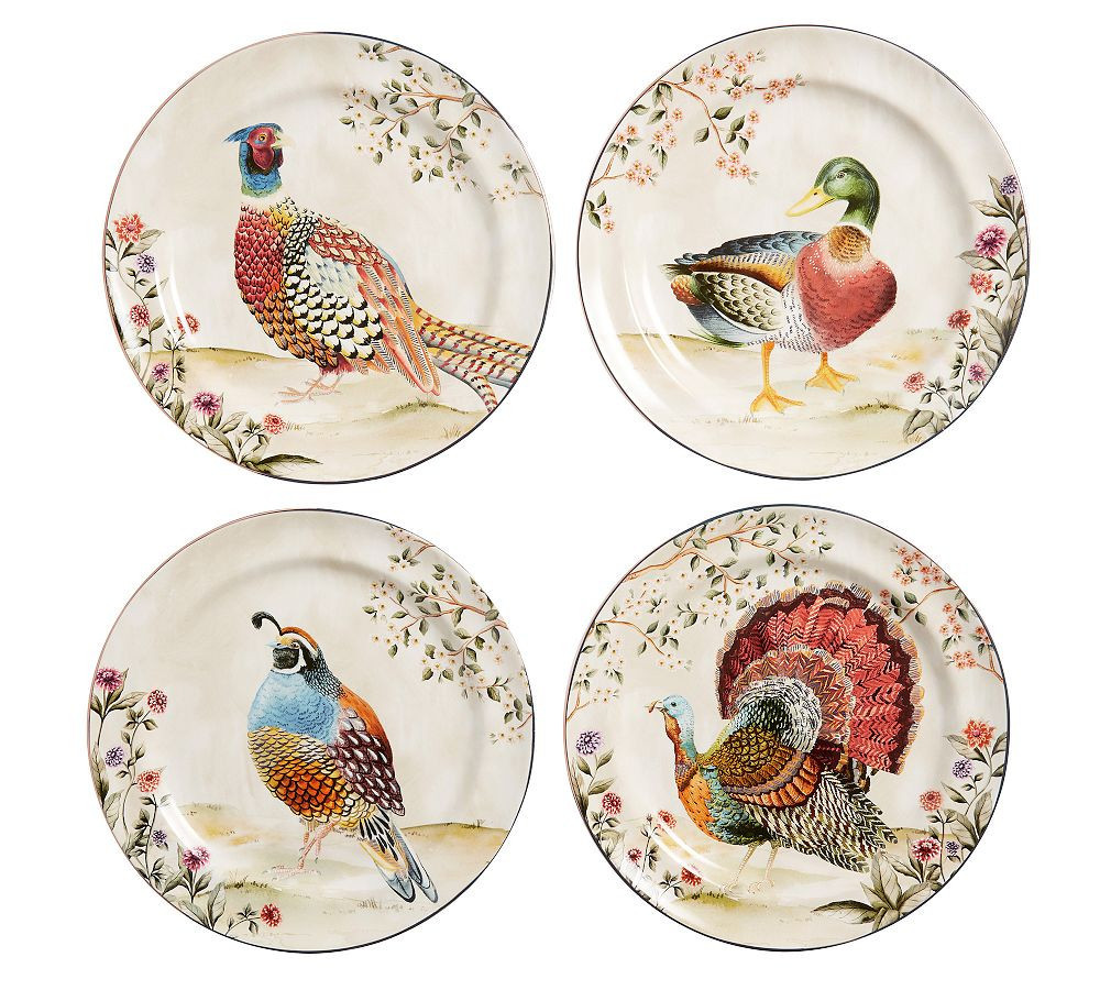 Botanical Harvest Bird Stoneware Dinner Plates, Mixed Set of 4 | Pottery Barn (US)