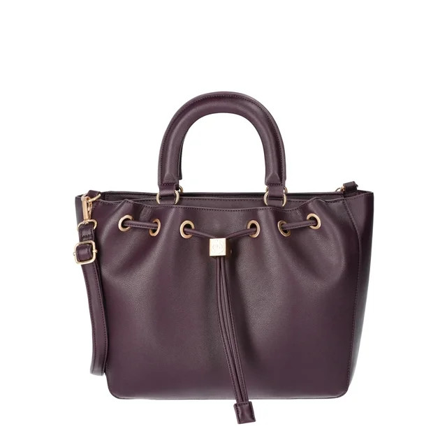 Time and Tru Women's Brynlee Faux Leather Drawstring Tote Handbag, Plum - Walmart.com | Walmart (US)