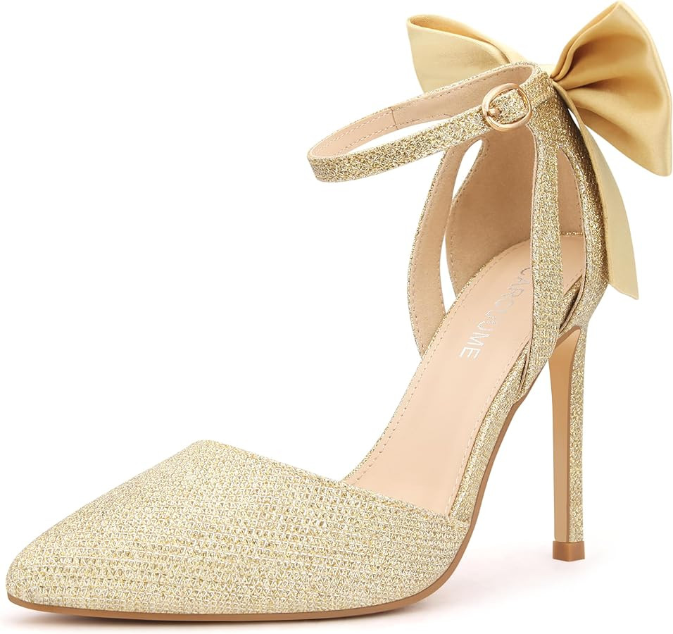 Carcuume Womens Bow Tie Back Heels Close Toe Pumps Stiletto High Heels Wedding Shoes Ankle Strap ... | Amazon (US)