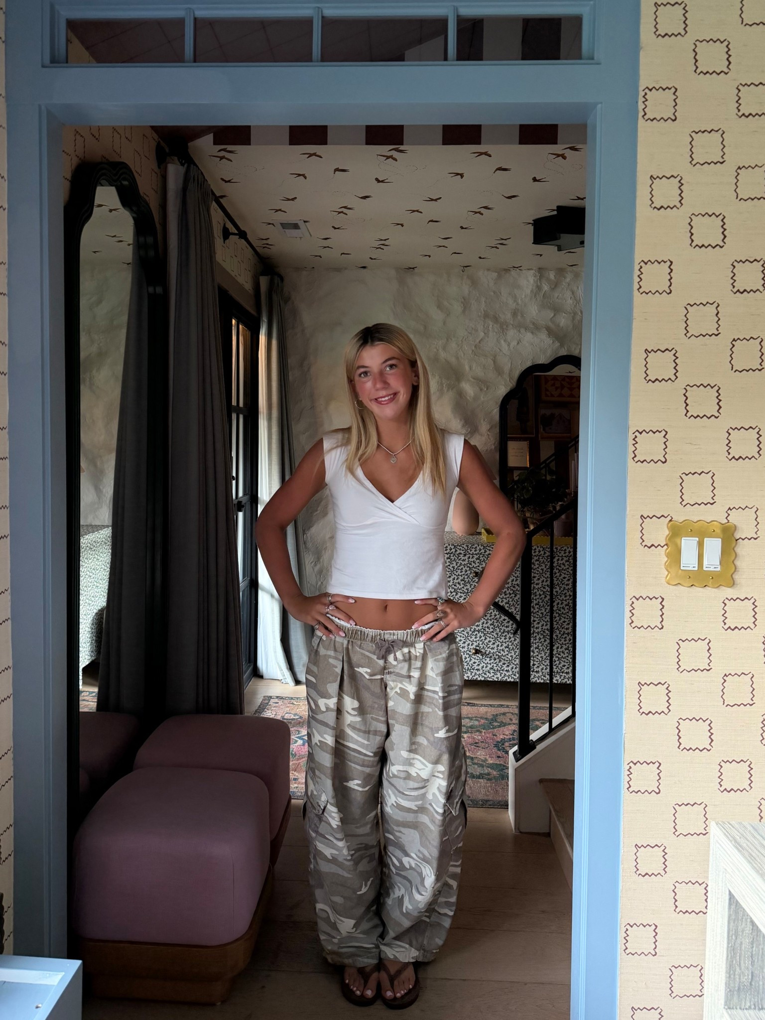 Size down in pants she is in XS