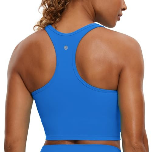CRZ YOGA Butterluxe Racerback Crop Tank Tops for Women - Padded Y-Back Longline Sports Bras Scoop Neck Workout Yoga Sparkle Blue X-Small | Amazon (US)