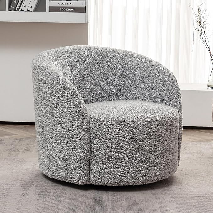 KINWELL 34" W Mid Century Modern Swivel Barrel Chair, Round Upholstered Boucle Swivel Accent Chai... | Amazon (US)
