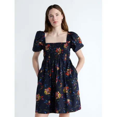 Free Assembly Women s and Women s Plus Smocked Cotton Peasant Mini Dress with Puff Sleeves Sizes XS-4X | Walmart (US)