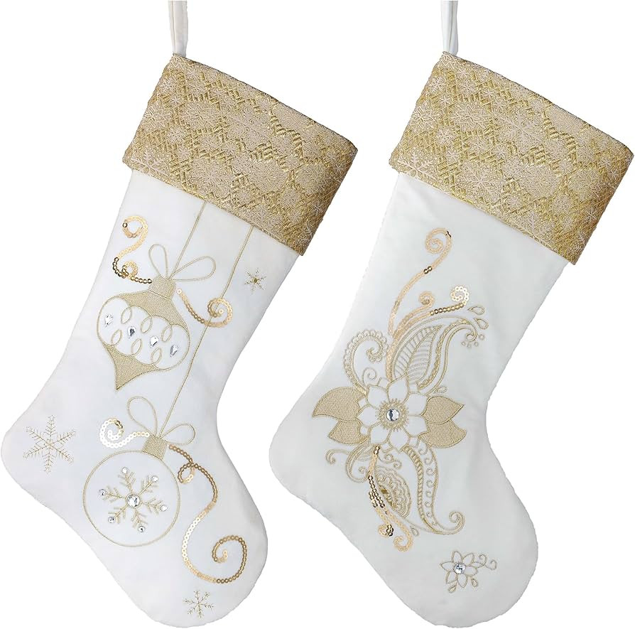 Valery Madelyn Christmas Stockings Decorations, 21 Inch Fabric 2 Pack White Gold Flowers Embroide... | Amazon (US)