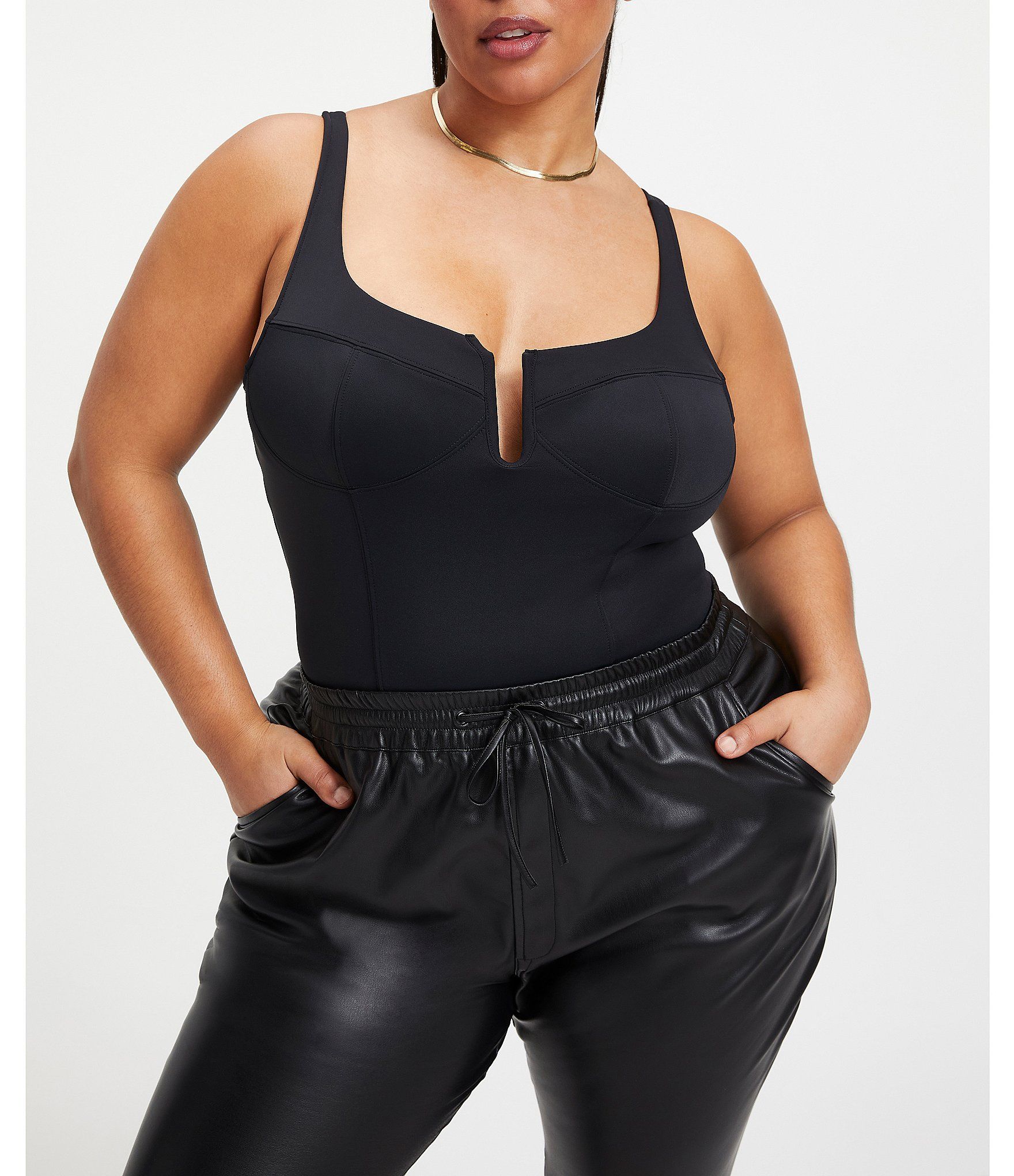 Good American Plus Size Scuba Corset Split U Scoop Neck Sleeveless Bodysuit | Dillard's | Dillard's