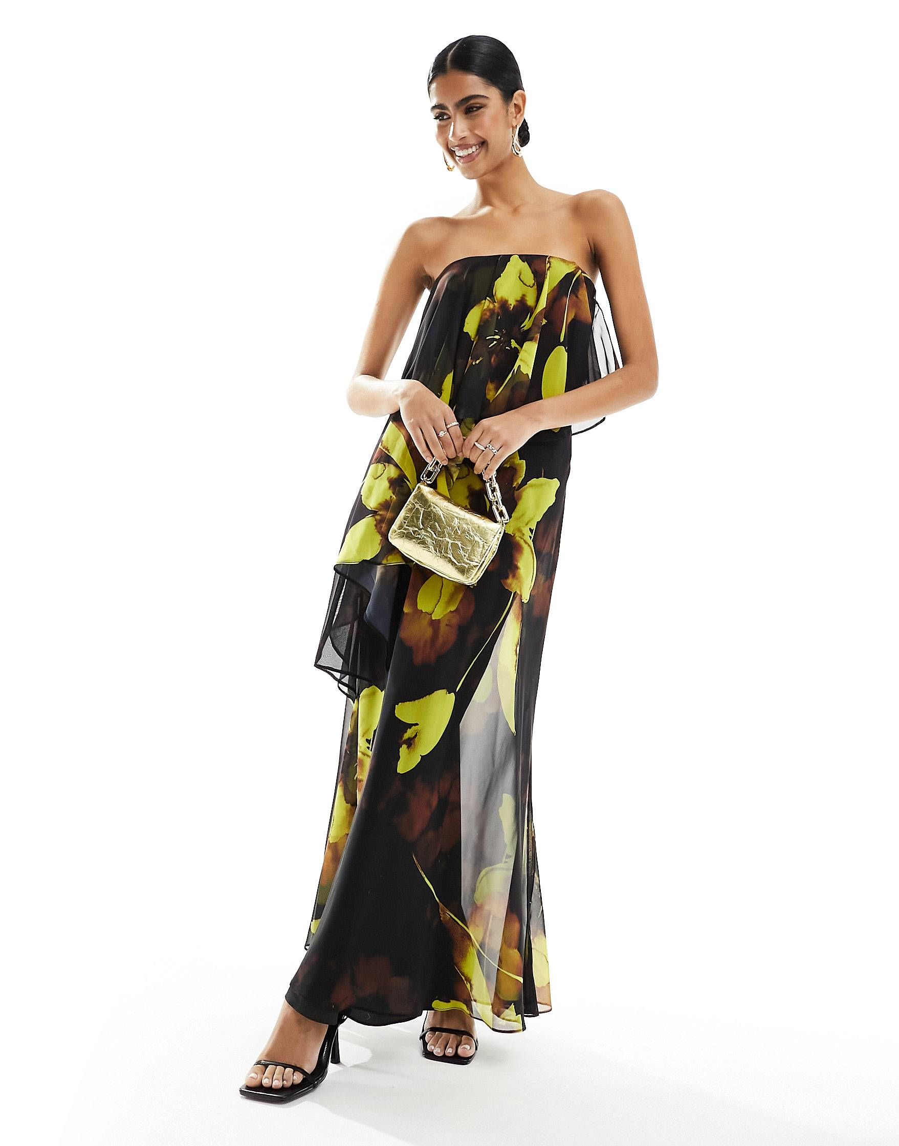 ASOS DESIGN bandeau double layer bias maxi dress in bold floral print | ASOS (Global)
