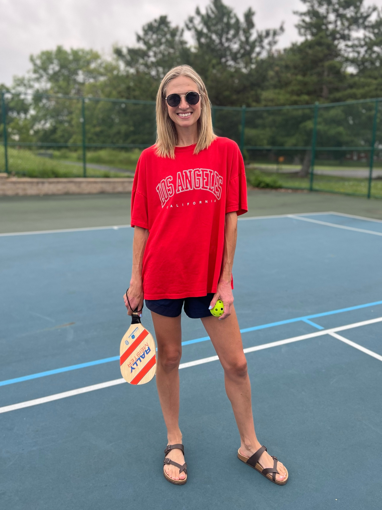 Went with my comfiest ❤️🤍💙 I own today. 

Sized up to an extra large in this T-shirt, linking newer version of these shorts, I wear my true size small. Sized up a half size in these Birk dupes. 

#LTKOver40 #LTKStyleTip #LTKActive