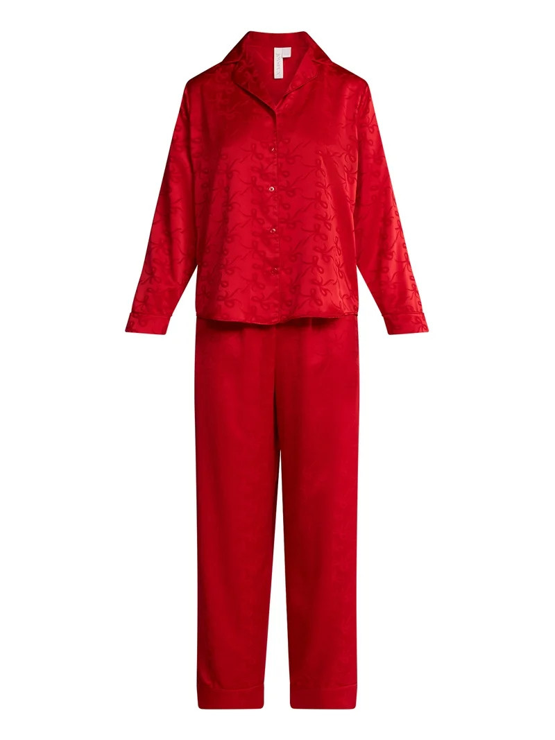 Joyspun Women’s Stretch Satin Notch Long Sleeve Top and Pants Pajama Set, 2-Piece, Sizes XS-3X | Walmart (US)