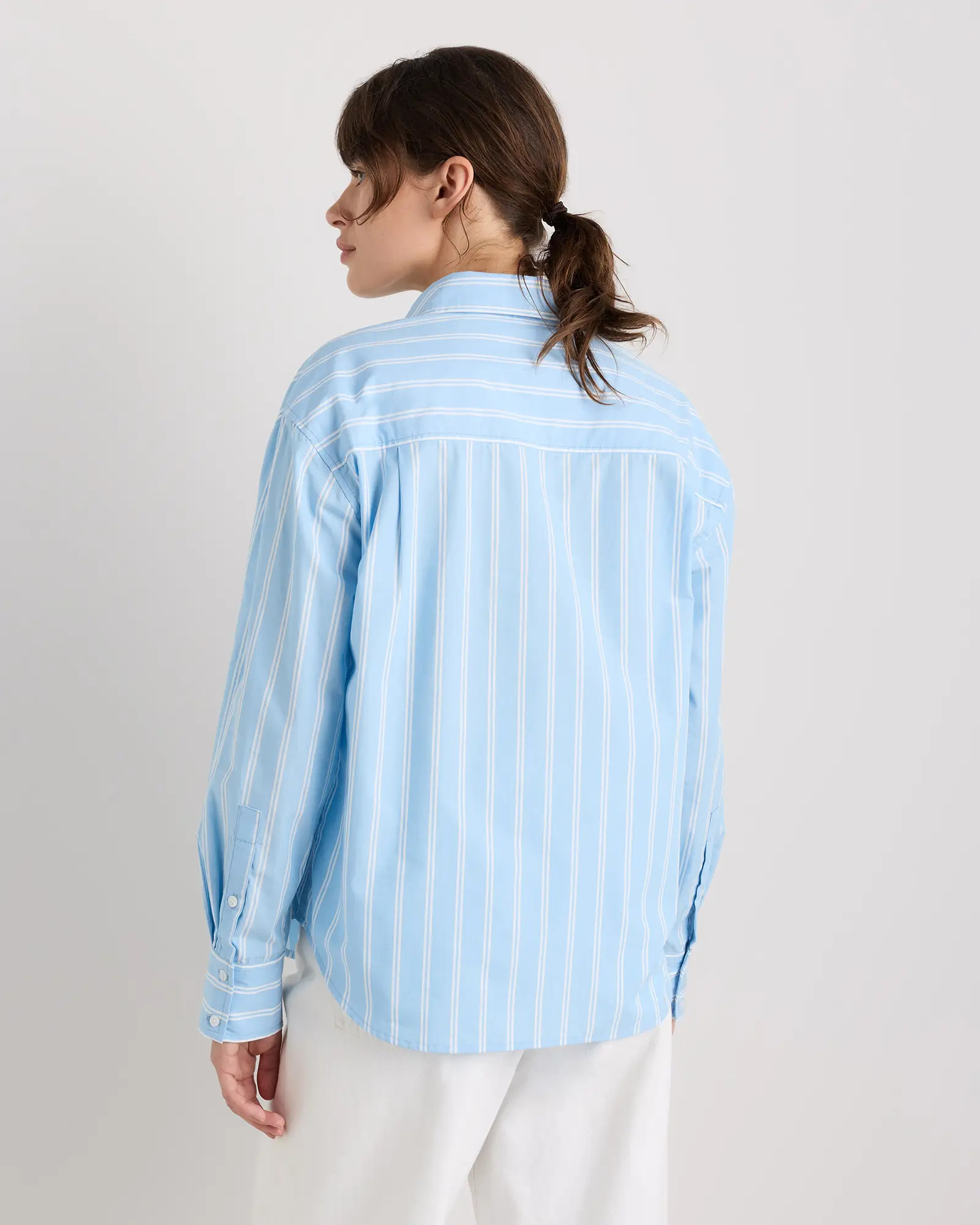 100% Organic Cotton Poplin Long Sleeve Boyfriend Shirt in Delta Blue Double Stripe | Quince