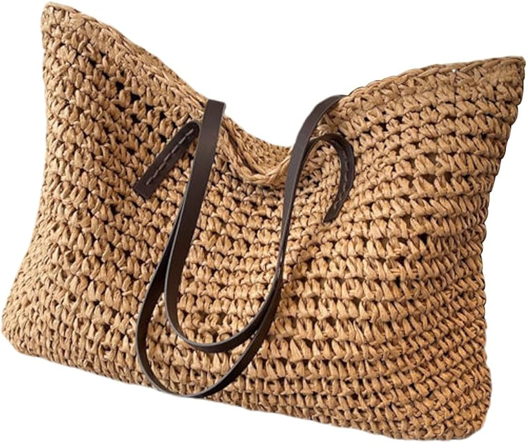 Womens Large Straw Tote Bags with Zipper, Summer Beach Straw Woven Handbag Purse, Handmade Big Ha... | Amazon (US)
