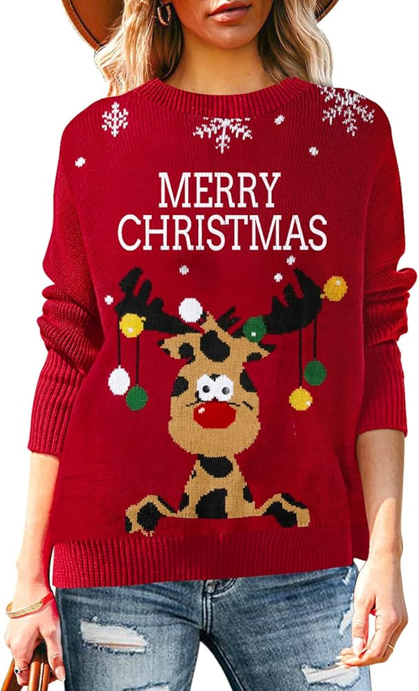 Pink Queen Women's 2025 Ugly Christmas Sweater Long Sleeve Knitted Pullove Xmas Jumpers Tops | Amazon (US)
