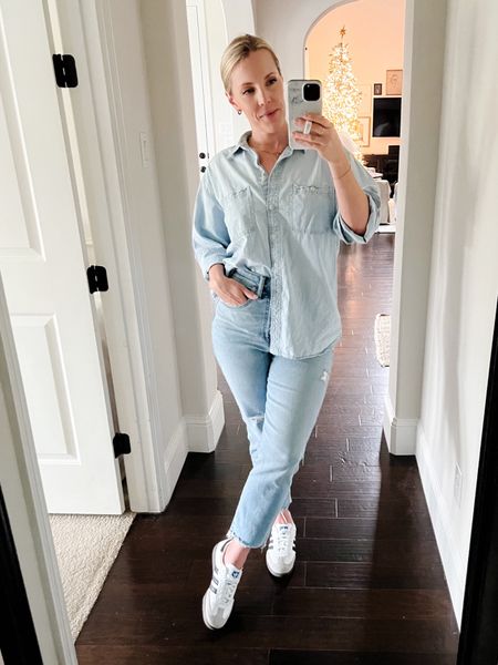 Light denim on light denim.  I will forever love a Canadian Tuxedo 👖 

These Adidas Sambas have been my go to this Fall.  They go with everything and instantly make you look stylish.

Adidas Sambas outfit // chambray // tone on tone outfit

#LTKover40 #LTKstyletip