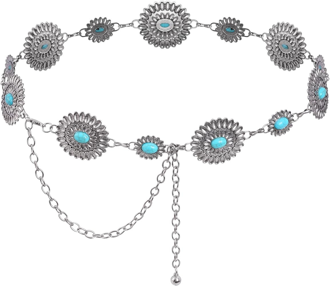 Western Oval Concho Chain Belt for Women Metal Waist Chain Belt for Dresses Jeans Western Cowgirl | Amazon (US)