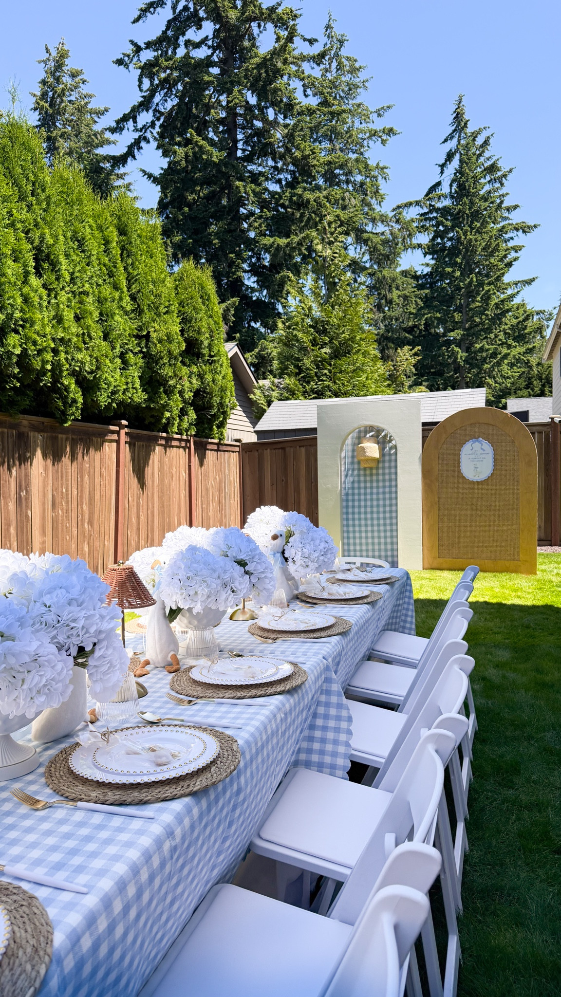 A silly goose is almost on the loose baby shower table setting!

Baby shower decorations, Rattan table lamps, blue ribbon, paper straws, gingham tablecloth, dinner plates, ceramic cake stand, artificial hydrangea, woven placemats, silverware, party decorations, party favors, paper napkins

#LTKsummer #LTKhome #LTKmaternity