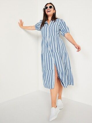Puff-Sleeve Tiered Striped Midi Swing Dress for Women | Old Navy (US)