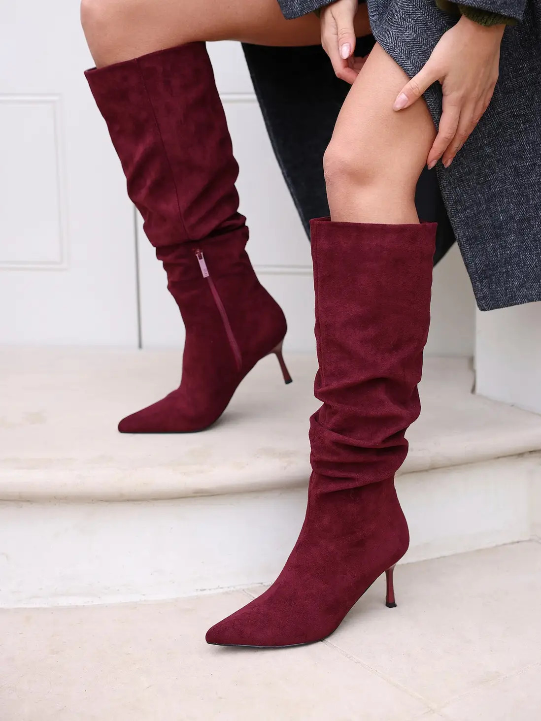 Rosenna Burgundy Faux Suede Ruched High Leg Heeled Boot | Boohoo.com (UK & IE)