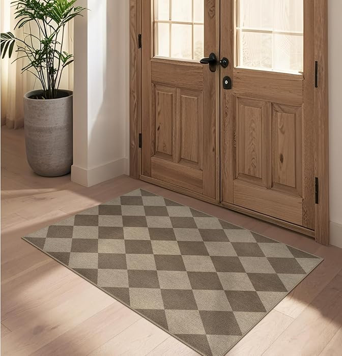 Easy Jute Checkered Entryway Rug, 2.6x4 Brown Modern Indoor Outdoor Doormat, Washable Non-Slip Ne... | Amazon (US)