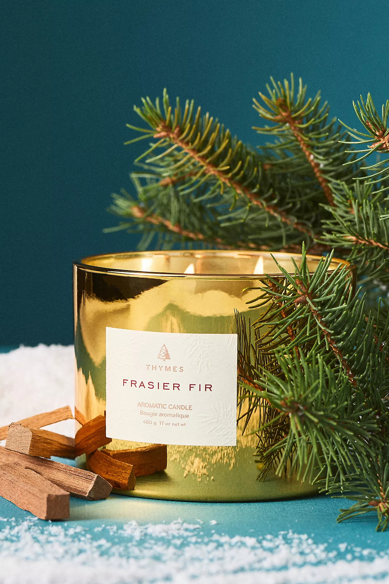 Thymes Frasier Fir Gilded 3-Wick Glass Candle | Anthropologie (US)