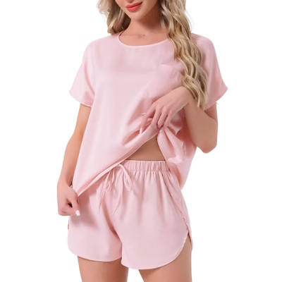 INSPIRE CHIC Women's Satin Silky Pajama Set Short Sleeve Round Neck Top Slit Shorts Sleepwear Set Small Pink | Target