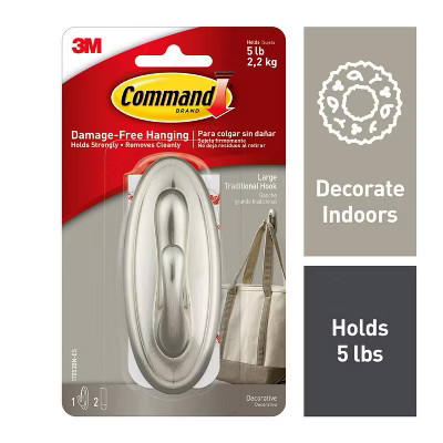 Command Large Sized Traditional Decorative Hook Nickel: Heavy Duty Wall Hook, 5 lb Capacity, Silver Finish | Target