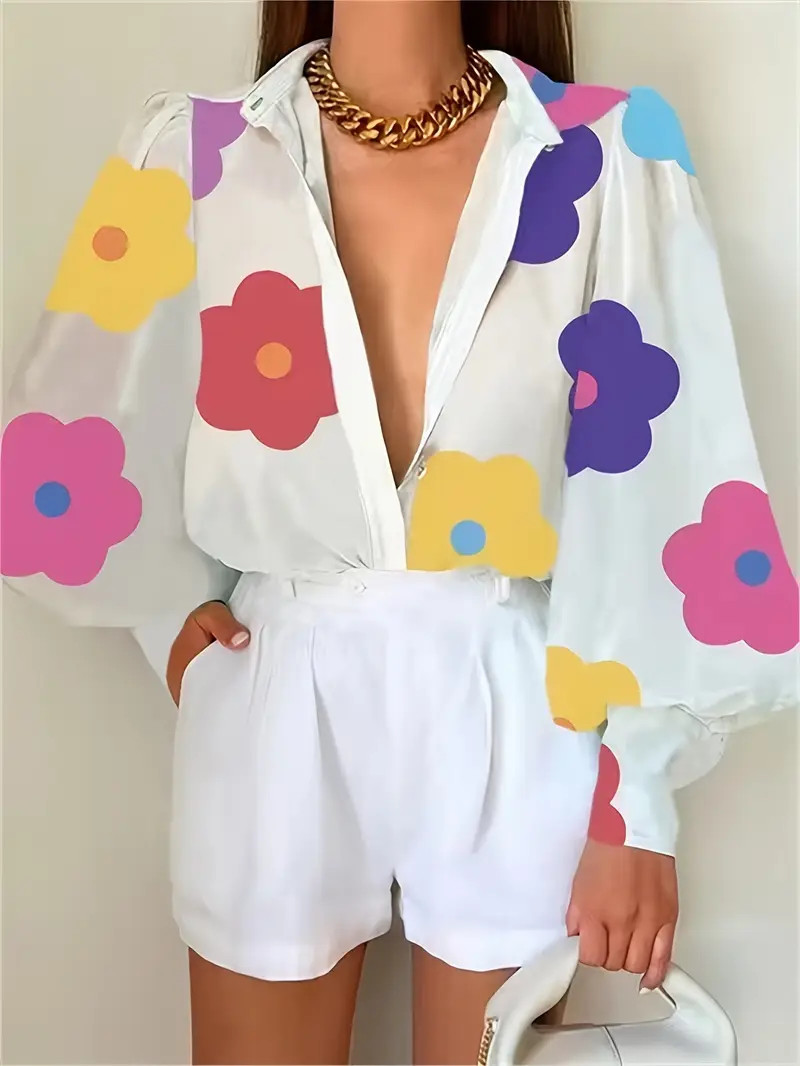 Floral Print Button Front Shirt Elegant Lantern Sleeve - Temu | Temu Affiliate Program