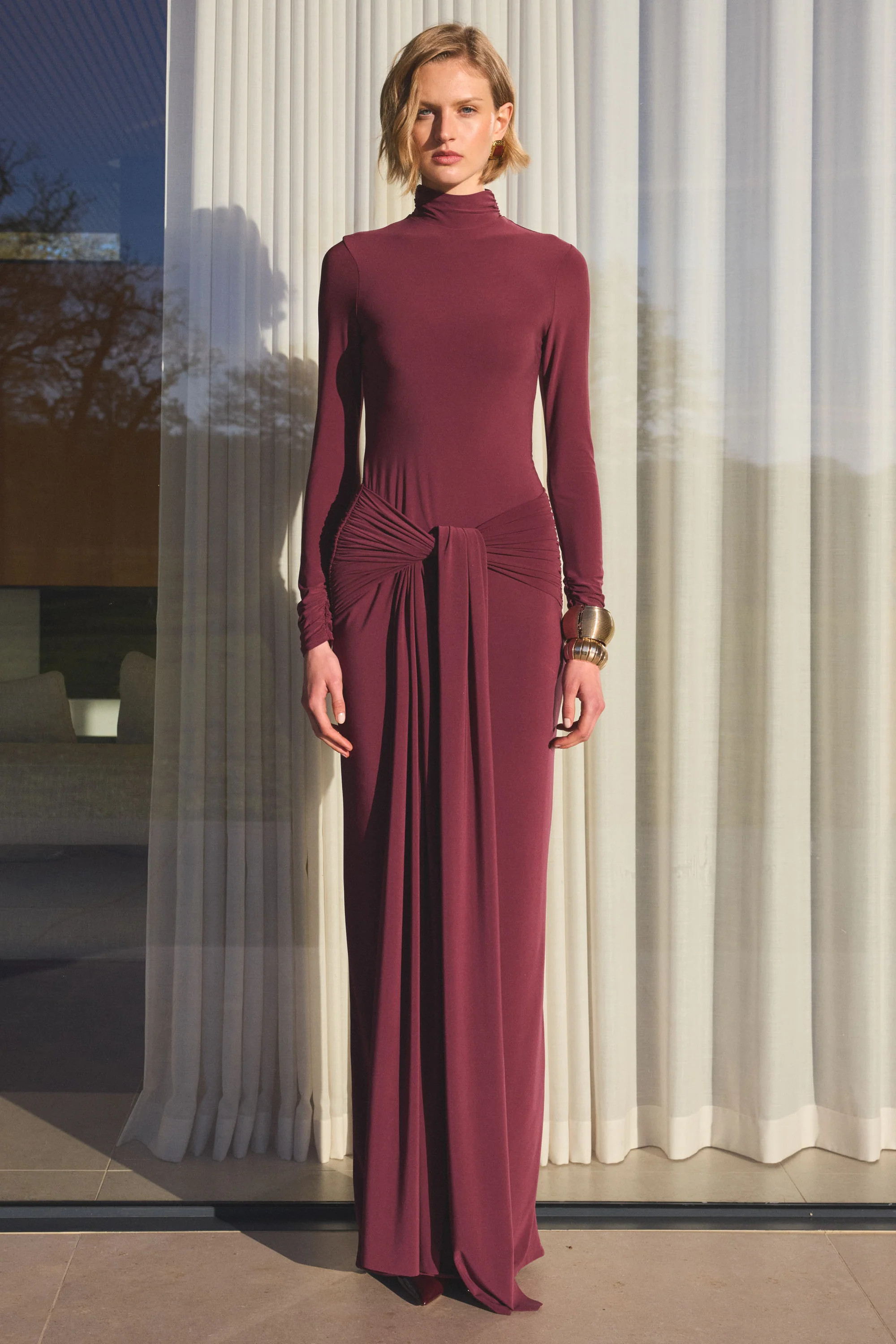 Myra  Burgundy High-Neck Maxi Dress With Sash and Ruched Detailing | Club L London
