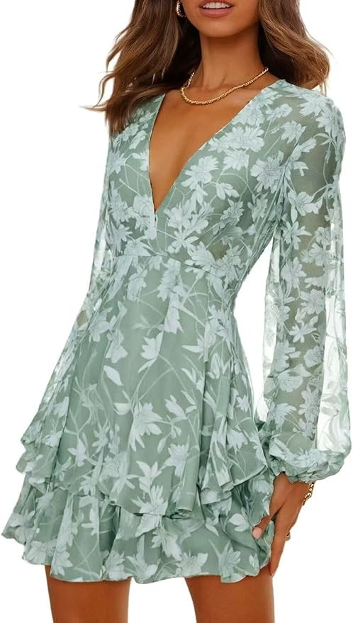 Dokotoo Womens 2024 Summer Spring V Neck Ruffle Chiffon Elegant Tie Knot Mini Short Swing Skater ... | Amazon (US)