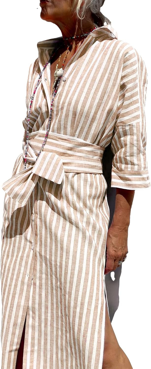 utcoco Womens 2026 Shirt Dress Casual Lapel 3/4 Sleeve Button Down Split Belted Vacation Maxi Dress | Amazon (US)