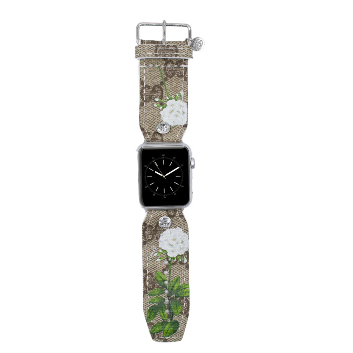 Limited Edition - "White Blooms" on Upcycled Brown Webbed GG Sivella Watchband | Sparkl